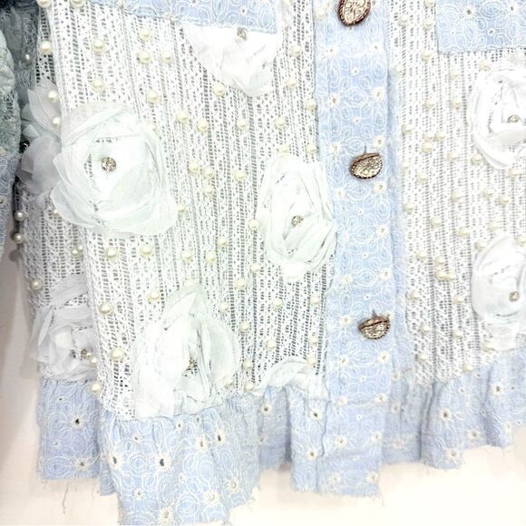 Pol Anthropologie LEAH Blue Eyelet Lace Pearl Flower Embellished Jacket - Picture 14 of 16
